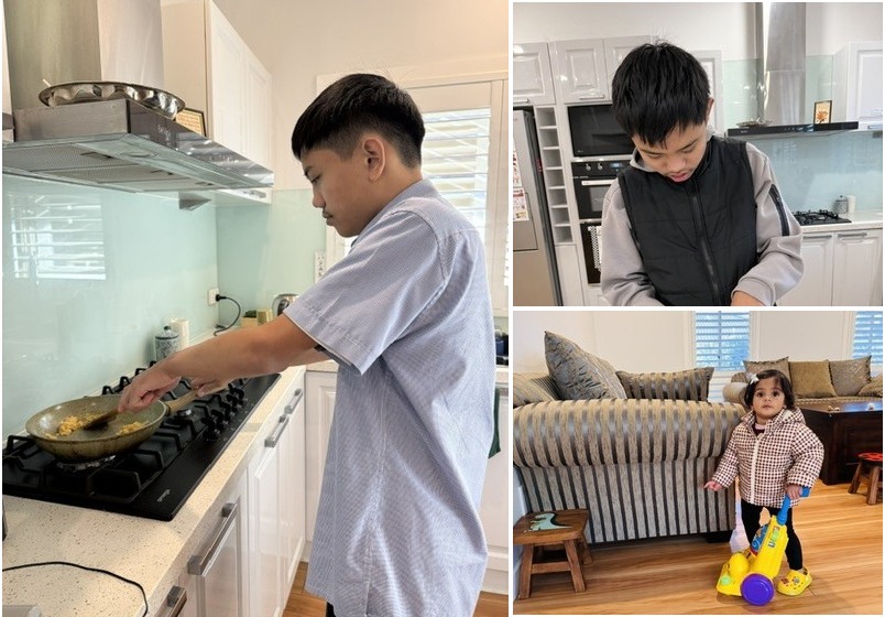 Daily living skills: adolescent preparing scrambled eggs on stovetop, adaptive vegetable chopping, and toddler cleaning play