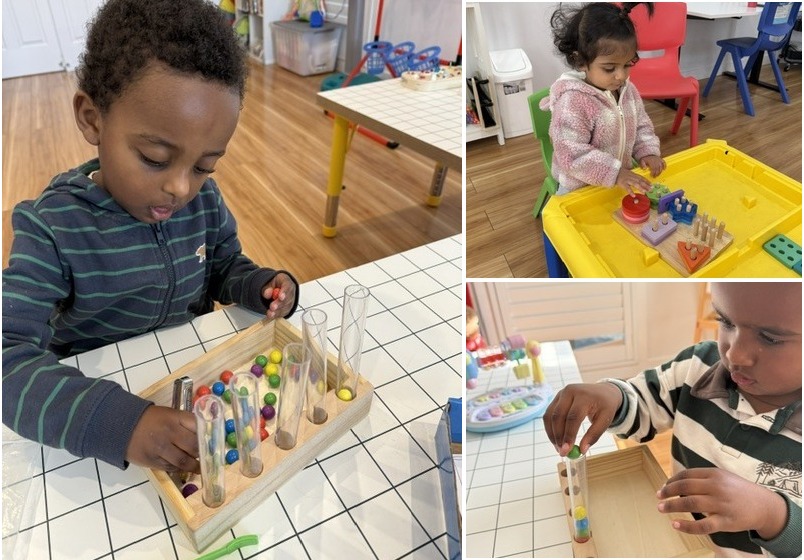 Fine motor skill development: bead sorting into wooden test tube stand, geometric pegboard manipulation, and neat pincer grasp in acrylic tubes