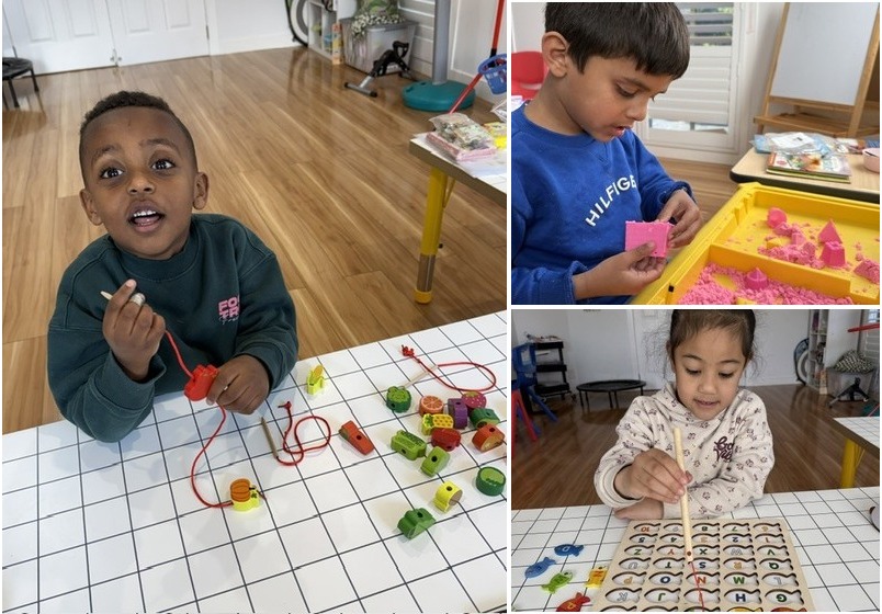 Three children celebrating therapy milestones: fruit bead threading, kinetic sand sensory play, and magnetic alphabet fishing