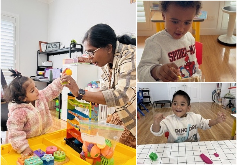 Diverse therapy achievements: toddler ball sorter, guided therapist interaction, and proud playdough victory