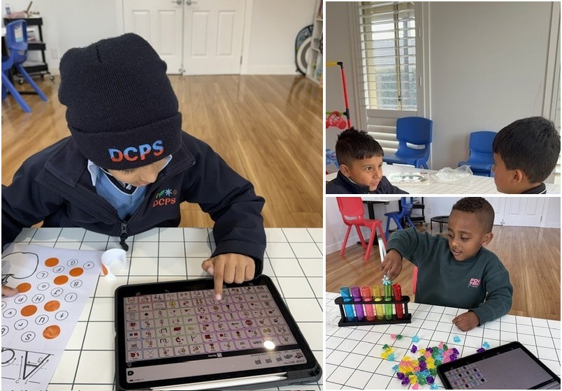 Assistive technology and social connection: child navigating AAC speech tablet, two schoolboys in collaborative conversation, and digital app color matching with fine motor tongs